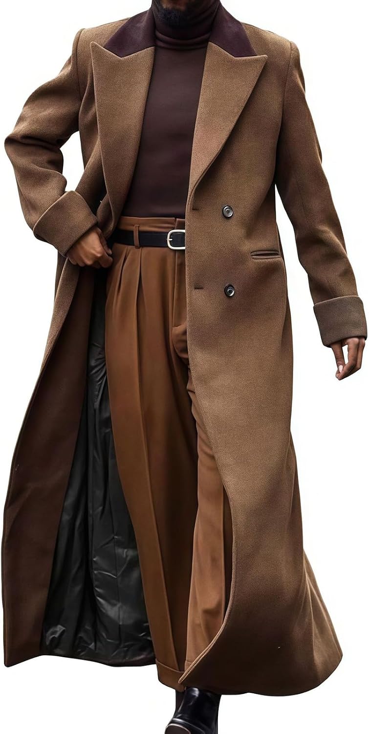 Ymosrh Men's Casual Trench Coat Double Breasted Notched Lapel Fall Winter Overcoat with Pockets, M-2XL