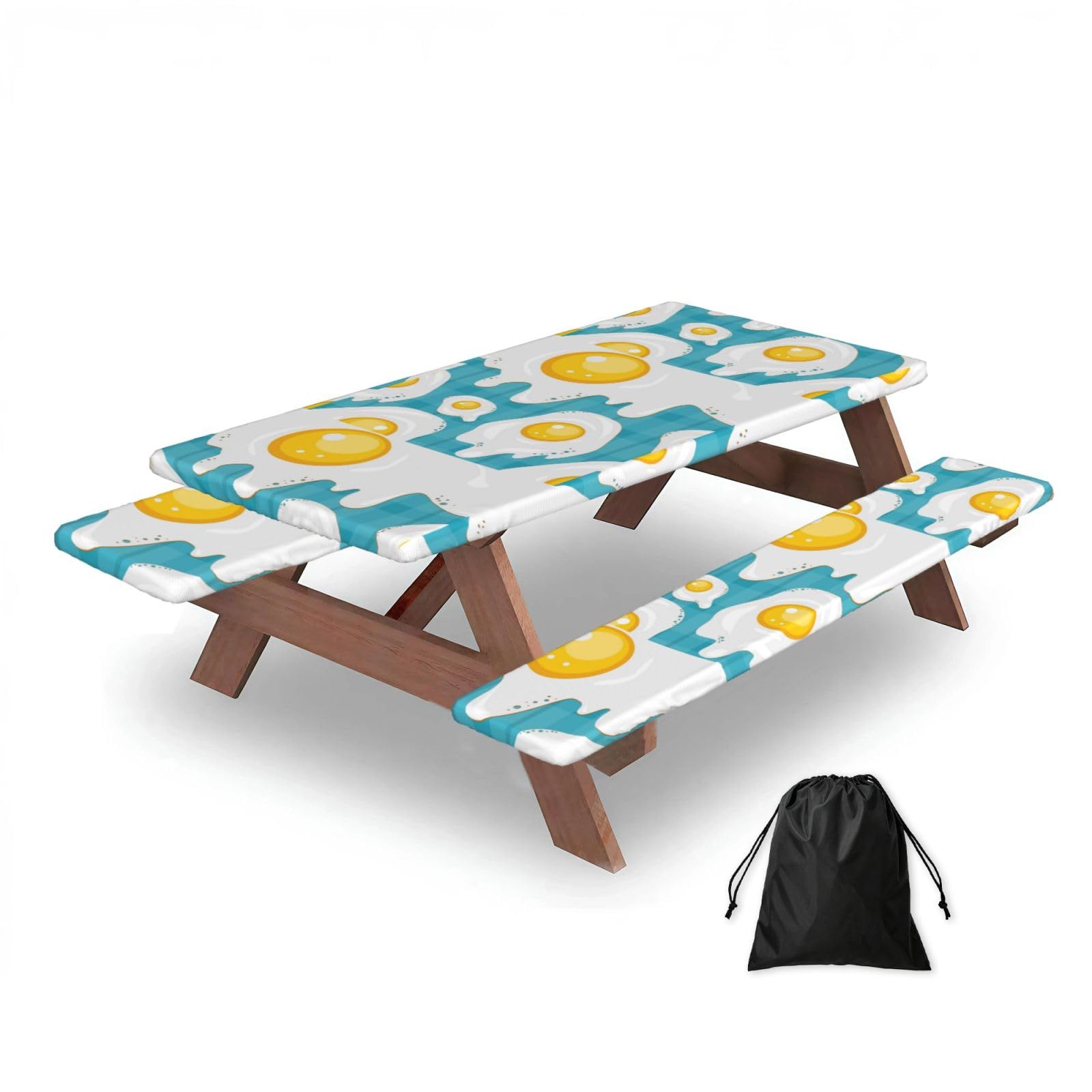 Dopklna As Picture Fried Egg Food, Picnic Table Cover With Bench Covers -Waterproof Elastic Fitted Tablecloth For Garden Camping Patio 76X152cm