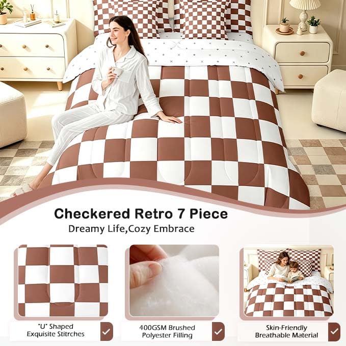 Image of Feelyou Checkered 7 Piece Bedding Set Teen Coffee Brown White Plaid Comforter Set with Sheets Twin Size Kids Boys Cute Retro Neutral Checkerboard Geometric Bed in a Bag Vintage Aesthetic Room Decor