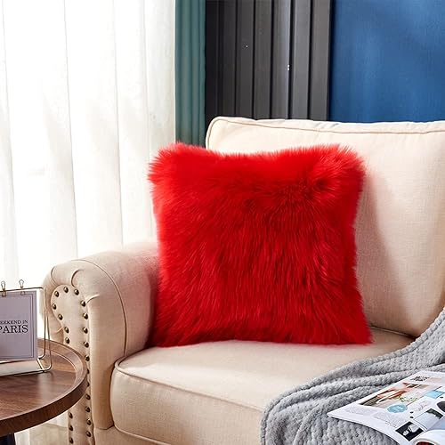 Miniatura 2 de Funda de almohada de 18 x 18 pulgadas, color rojo, esponjosa, con inserto incluido, almohadas de piel sintética, almohadas decorativas peludas para