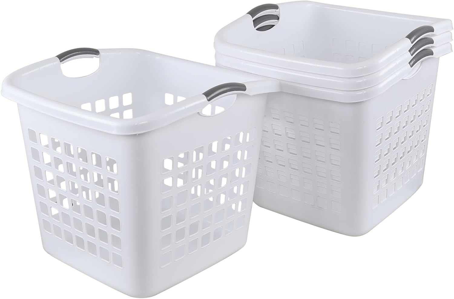 White Plastic Carry Laundry Basket, Dirty Clothes Basket with Cut-out Handle, Square Laundry Basket, 4-Pack