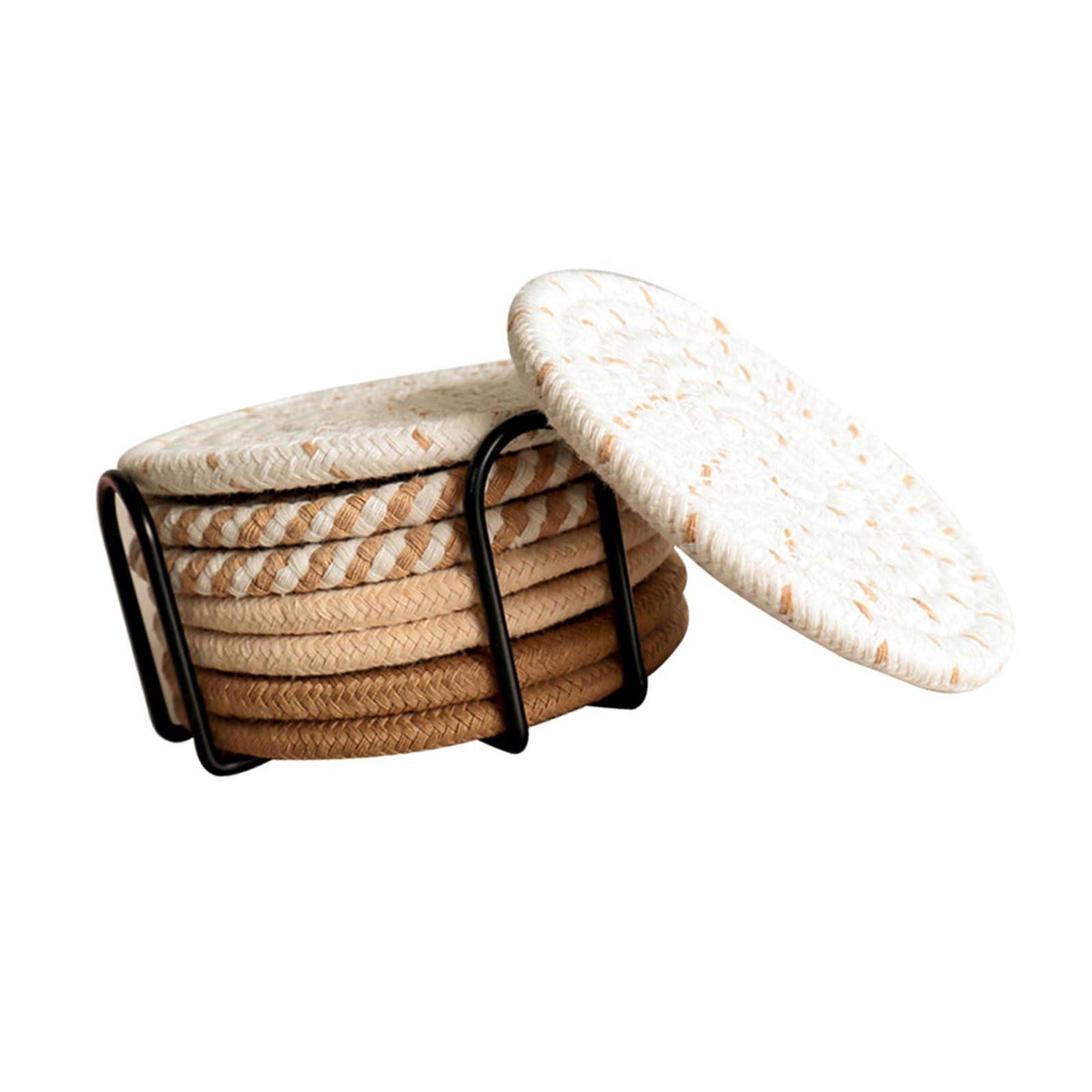 carotoe Absorbent Cotton Rope Coasters Set Placemat with Storage Rack Cotton Rope Woven Placemat Pots Mat Round Thick Insulation Mat