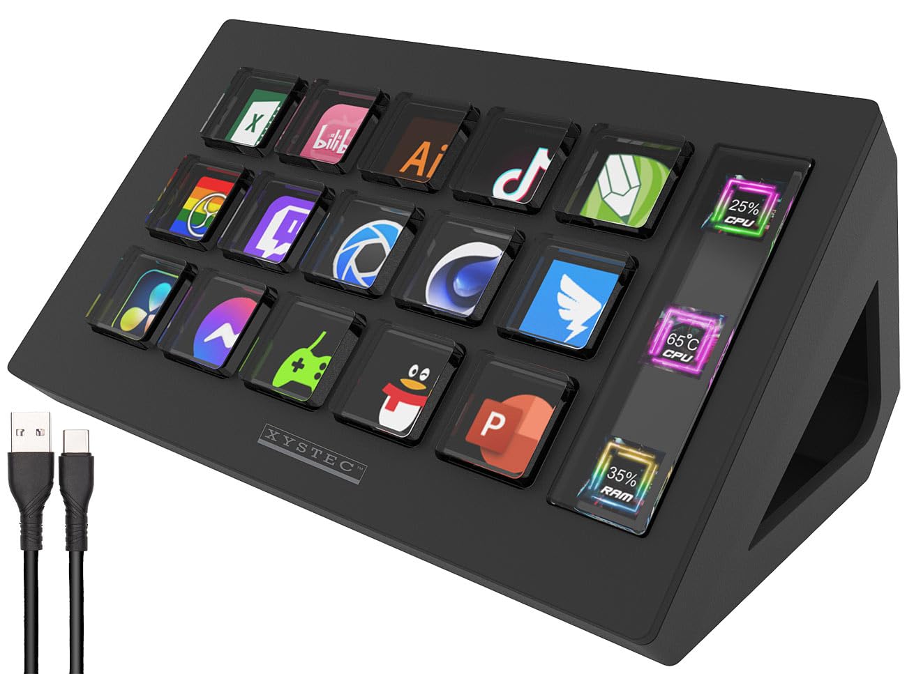 Xystec Software Controller: Stream-Controller mit 15 LCD-Display-Tasten, Office & Gaming, schwarz (Live-Stream, Studio, Key)