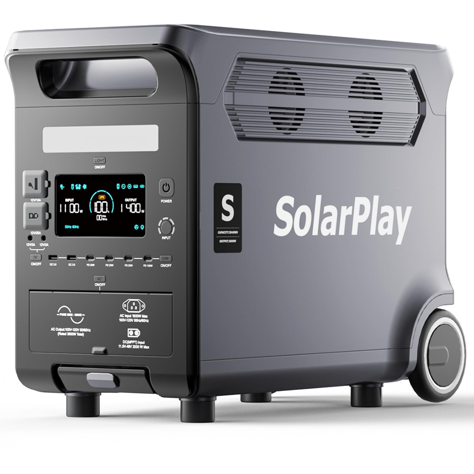 SolarPlay 3840Wh Tragbare Powerstation, 3600 W Solargenerator LiFePO4-Akku mit UPS, 3x230V AC Ausgang 3600W,Power Station mit Griff Schnelles Stromspeicher Aufladen für Outdoor,Camping,Wohnmobilreisen
