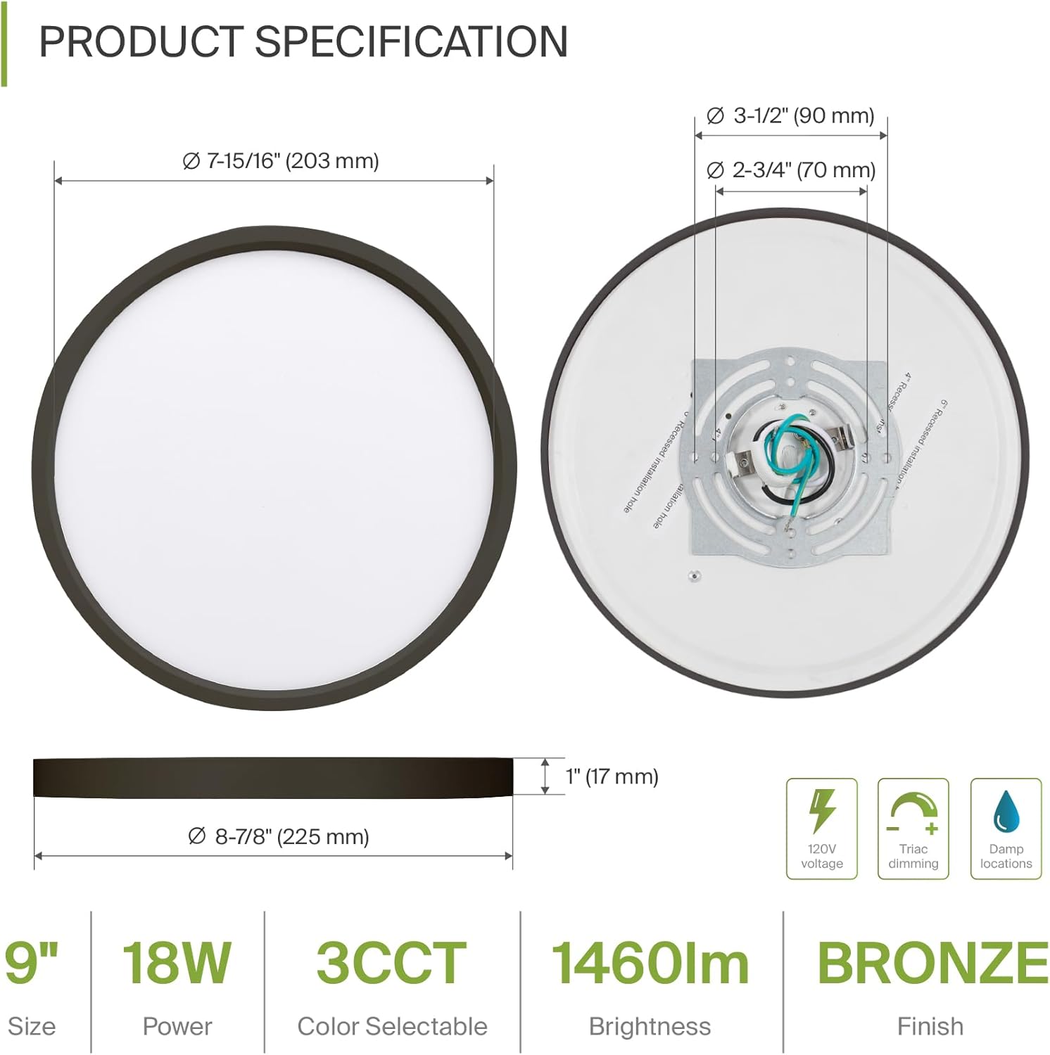 ASD LED 9" Round Flush Mount Light | 18W 1460LM 3000-5000K 120V | 3CCT, Dimmable, Ultra Slim, ETL Listed | Thin Surface Lamp, Bedroom Ceiling Lighting | Bronze, 12 Pack