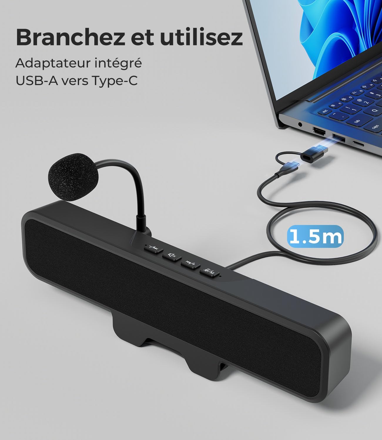 Enceintes USB d'ordinateur avec Microphone détachable, Enceintes de Bureau Plug-and-Play avec Clip pour écran, Son stéréo et Graves, adaptées au PC, PS5, Switch 2 et Ordinateur Portable