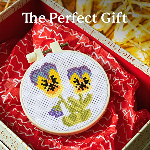 Image of Kraftex Stamped Cross Stitch Kits for Beginners (Flower Theme - 6.75 Inch - 4 Pack 1 x Embroidery Hoop) Embroidery Needlepoint Patterns for Adults, Includes Poppy, Rose, Sunflower and Pansy