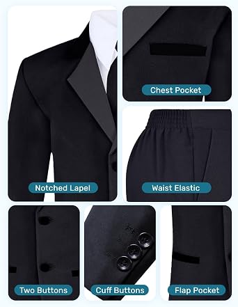 Boys 5 Piece Tuxedo Set with Jacket, Pants, Shirt, Vest & Bow Tie