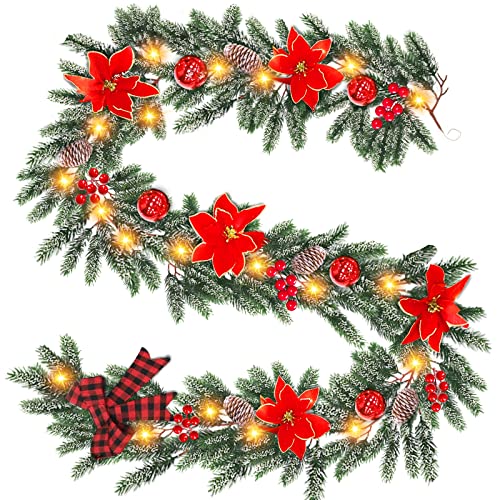 Realistisches Gefühl und Vorliebe: 1.8 m, verschneite Weihnachtsgirlande, Dekoration, Timer, 20 warme Lichter, batteriebetrieben, 280 Zweige, 5 Weihnachtsstern, für Zuhause, Innen- und Außen Cover