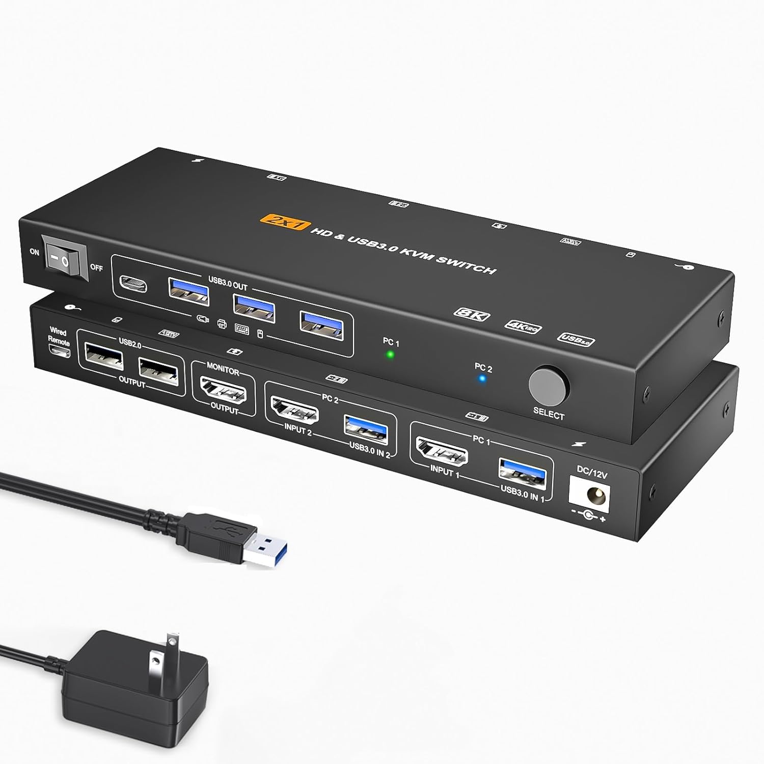 HDMI KVM Switch 1 Monitors 2 Computers 8K60Hz EDID Simulation USB3.0 KVM Switch for 2 Computers Share Dual Monitors and 4 USB Devices withRemote Control