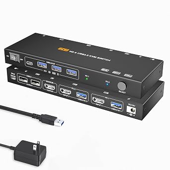 HDMI KVM Switch 1 Monitors 2 Computers 8K60Hz USB3.0 KVM Switch for 2 Computers Share Dual Monitors and 4 USB Devices withRemote Control