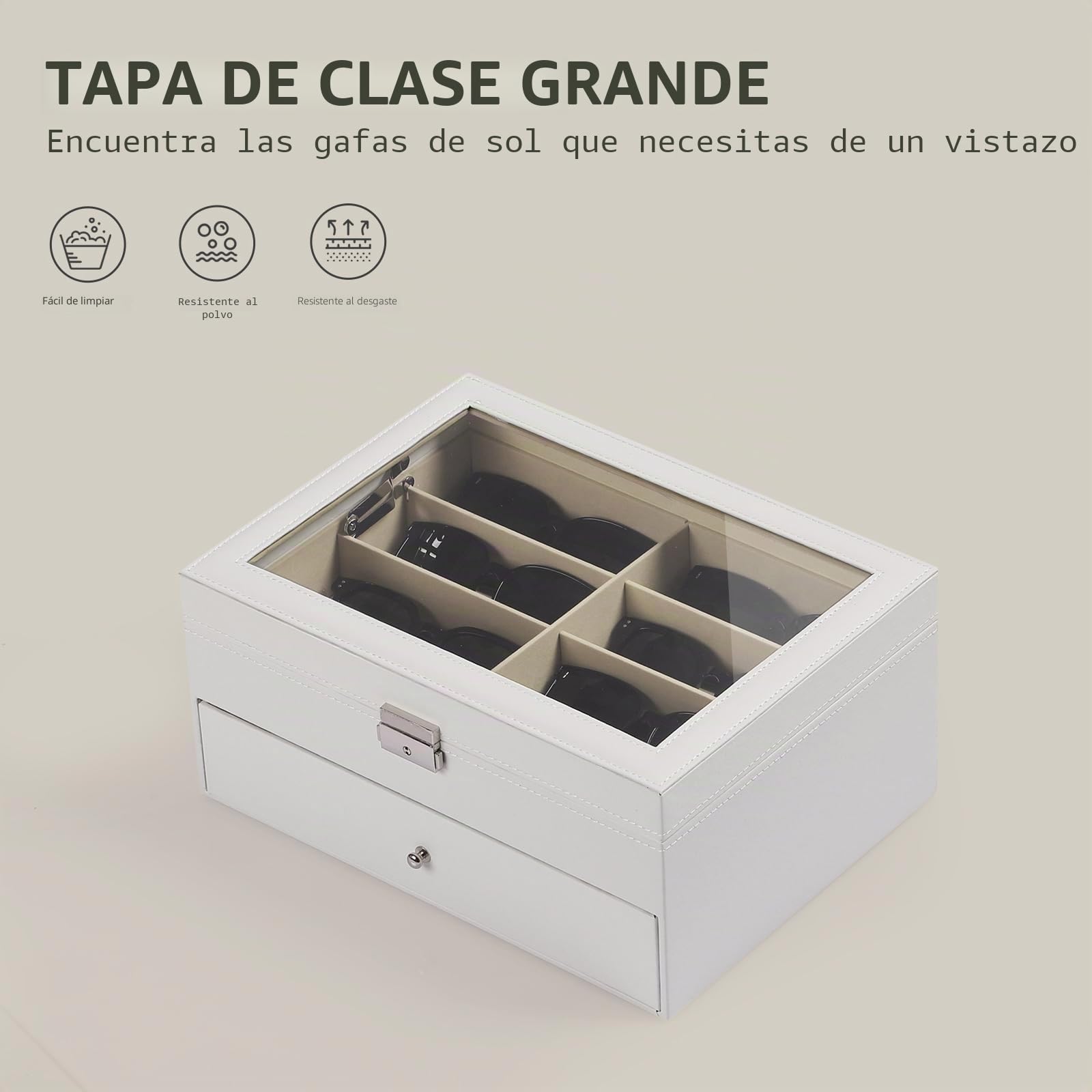 AUTOARK Organizador de cuero para 16 piezas para gafas y gafas de sol,Organizador con cerradura,Blanco,AW-151 | Expositor de gafas de sol, cajón con cerradura