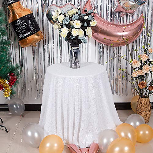 JYFLZQ White Sequin Tablecloth, Glitter Party Table Cover 90 Inch Round
