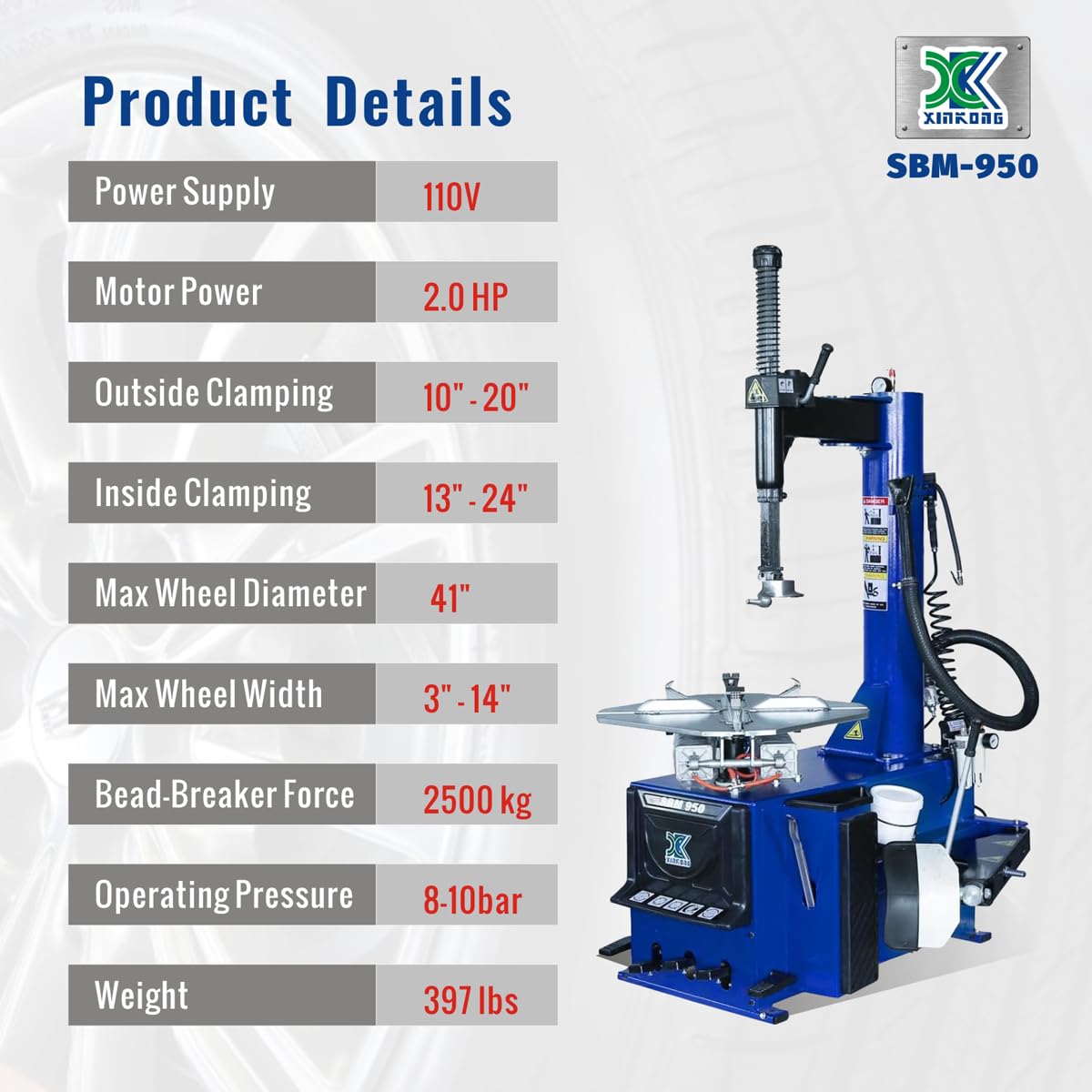XK-950 Tire Changer Machine 110V Voltage 2.0 Horsepower Single Machine Rim Clamp with Air Bead Blaster Function and 12 Month Parts Replacement
