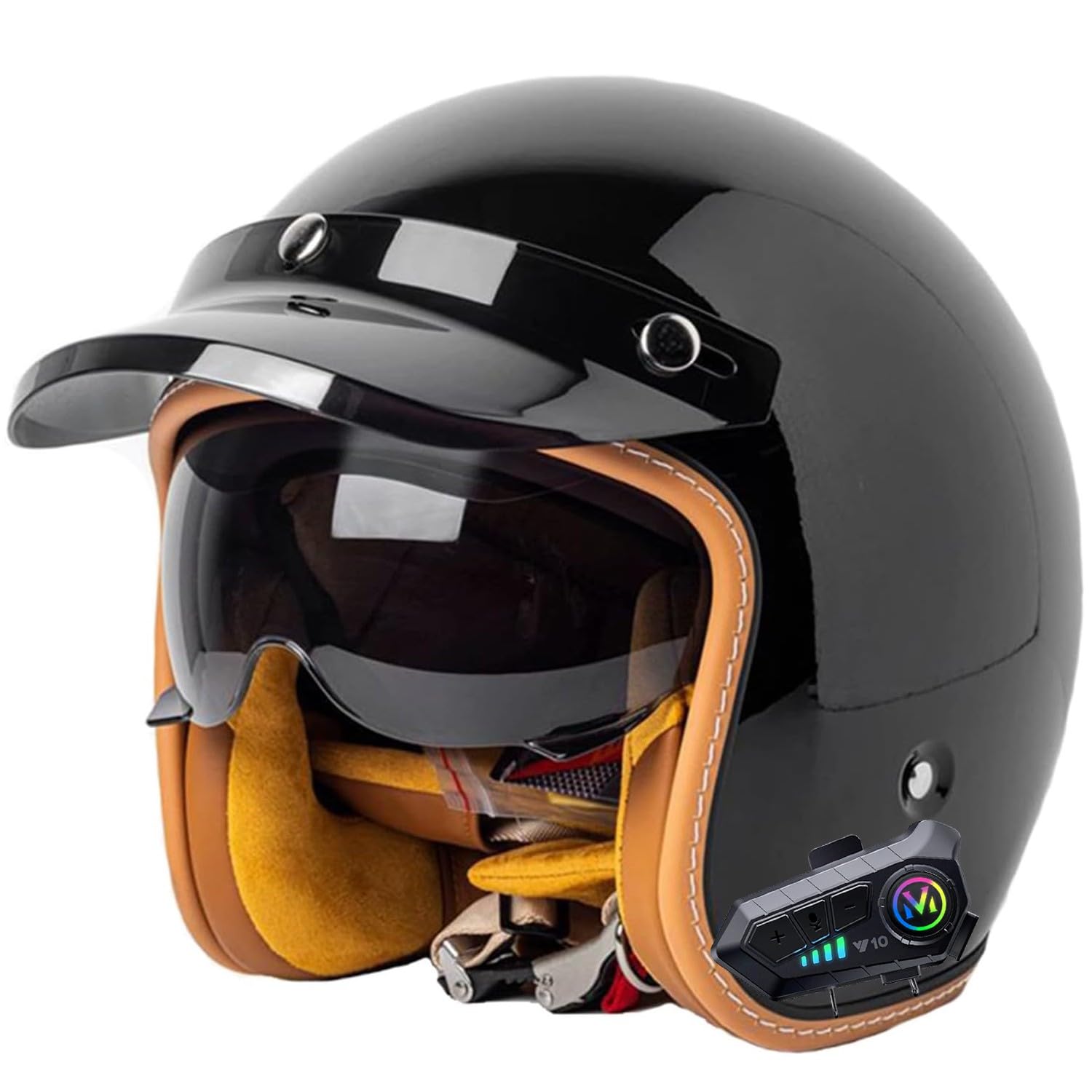 Casque Jet Vintage 3/4 avec Bluetooth et Visière, Casque de Moto Ouvert, Approuvé ECE et Dot, Unisexe Compatible avec Scooter, Cruiser et Vélo