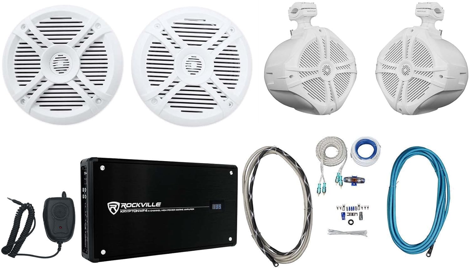 Rockville RWB90W Bundle: (2) 8-in 300-Watt White Marine Wakeboard Tower Speakers, (2) RMSTS65W 6.5-in 2-Way Speakers, Krypton MF4 2400/600-Watt 4-Channel Amplifier, RMWK4 Wiring Kit, 6-Items