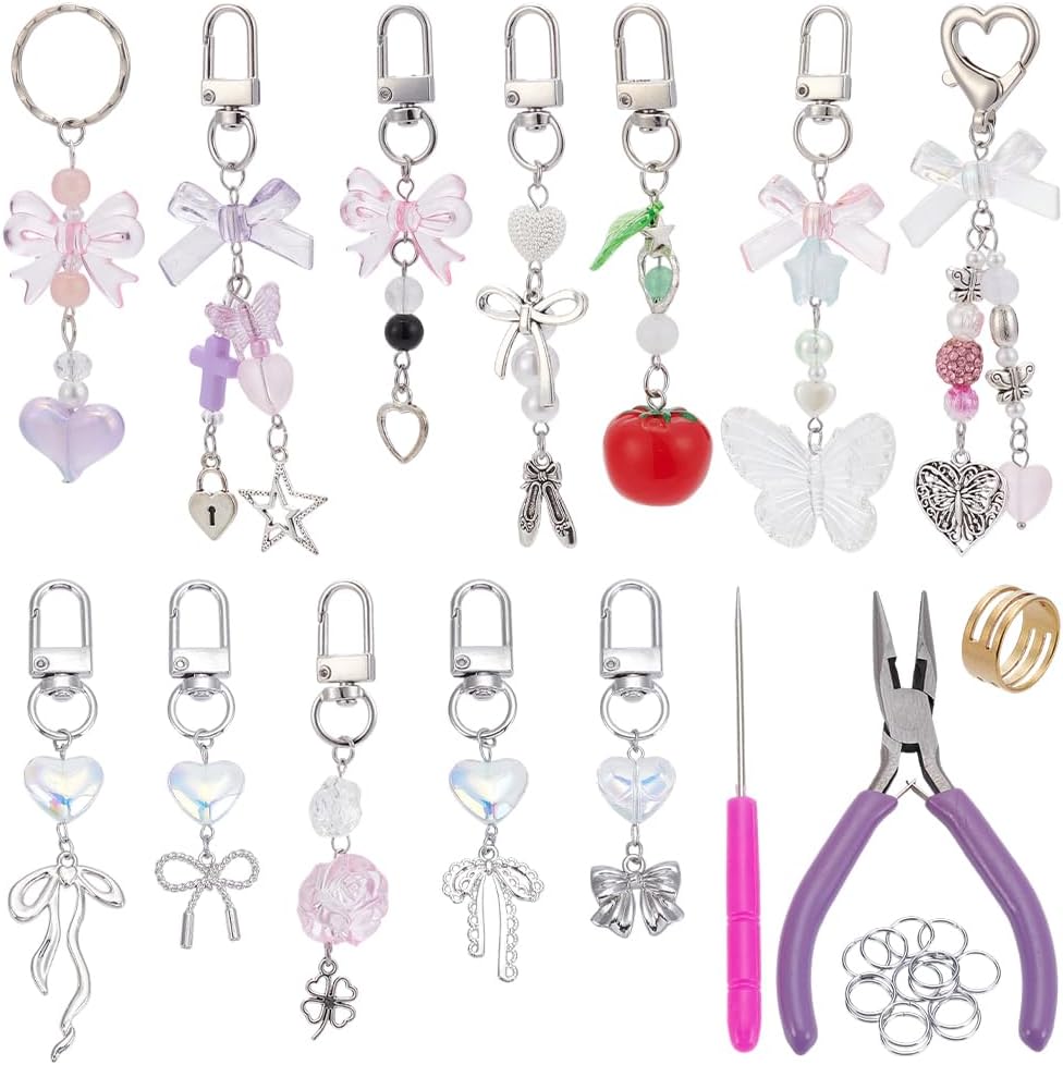 12 Sets Lip Gloss Keychains Making Kit Lip Balm Keychain Kit with 12Pcs Exquisite Cute Charm Coquette Jewelry Making Supplies for Women Key Purse Decorations DIY Crafts Party Favor Gift Adult