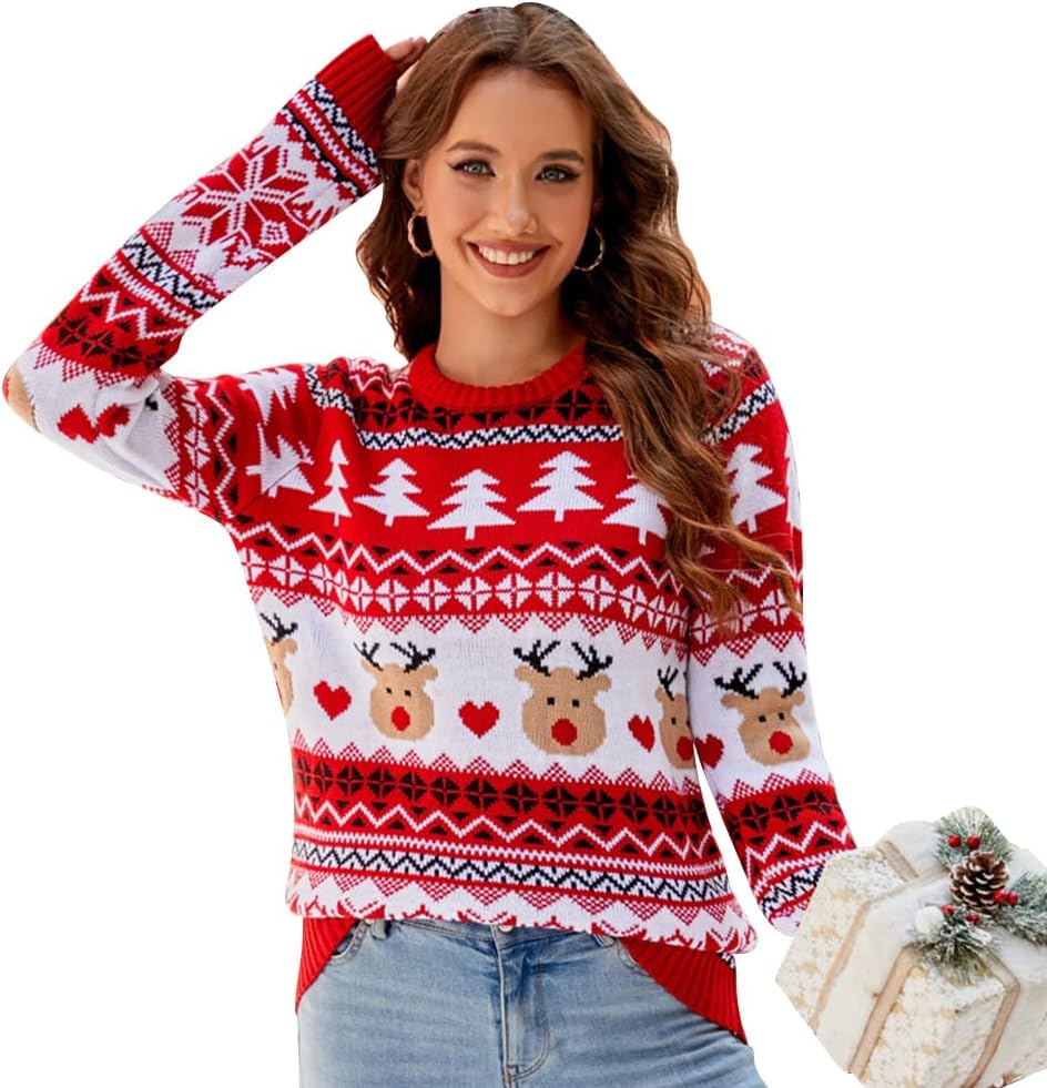 Women's Christmas Sweater Fall Winter Xmas Top Long Sleeve Round Neck Knitted Sweater Chunky Casual Pullover Top