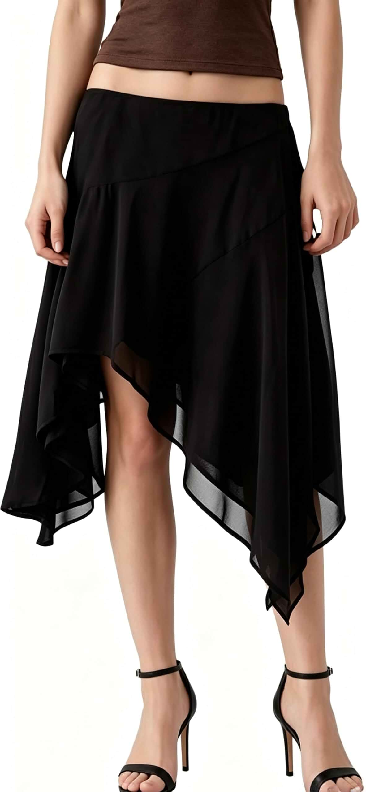 Polka Dot Midi Skirt Handkerchief Chiffon Ruffle Sheer Skirts Summer Beach IDEWO,Asymmetrical Hem,Low Waist Design,Layered Look,Summer Vacation Outfit,Lightweight Fabric