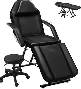 Roixeeds 3-Section Tattoo Chair, Massage Bed Spa Salon Facial Chair, Adjustable Salon Massage Equipment with Spa Stool and Towel Hook for Professional Spa Tattoo Lash Beauty Treatment Black