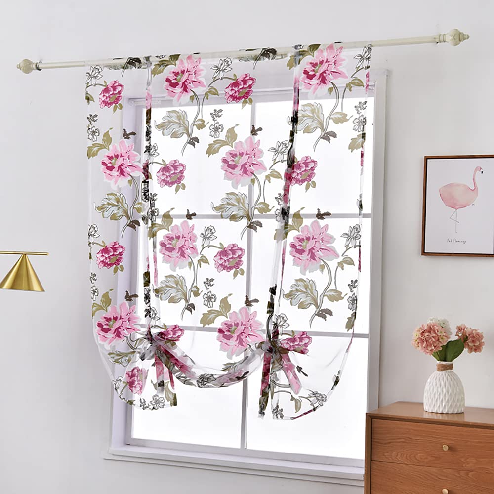 Smithoom 1 Panel Roman Curtain - Sheer Flower Print Tie-Up Curtain 120x120cm, Pink