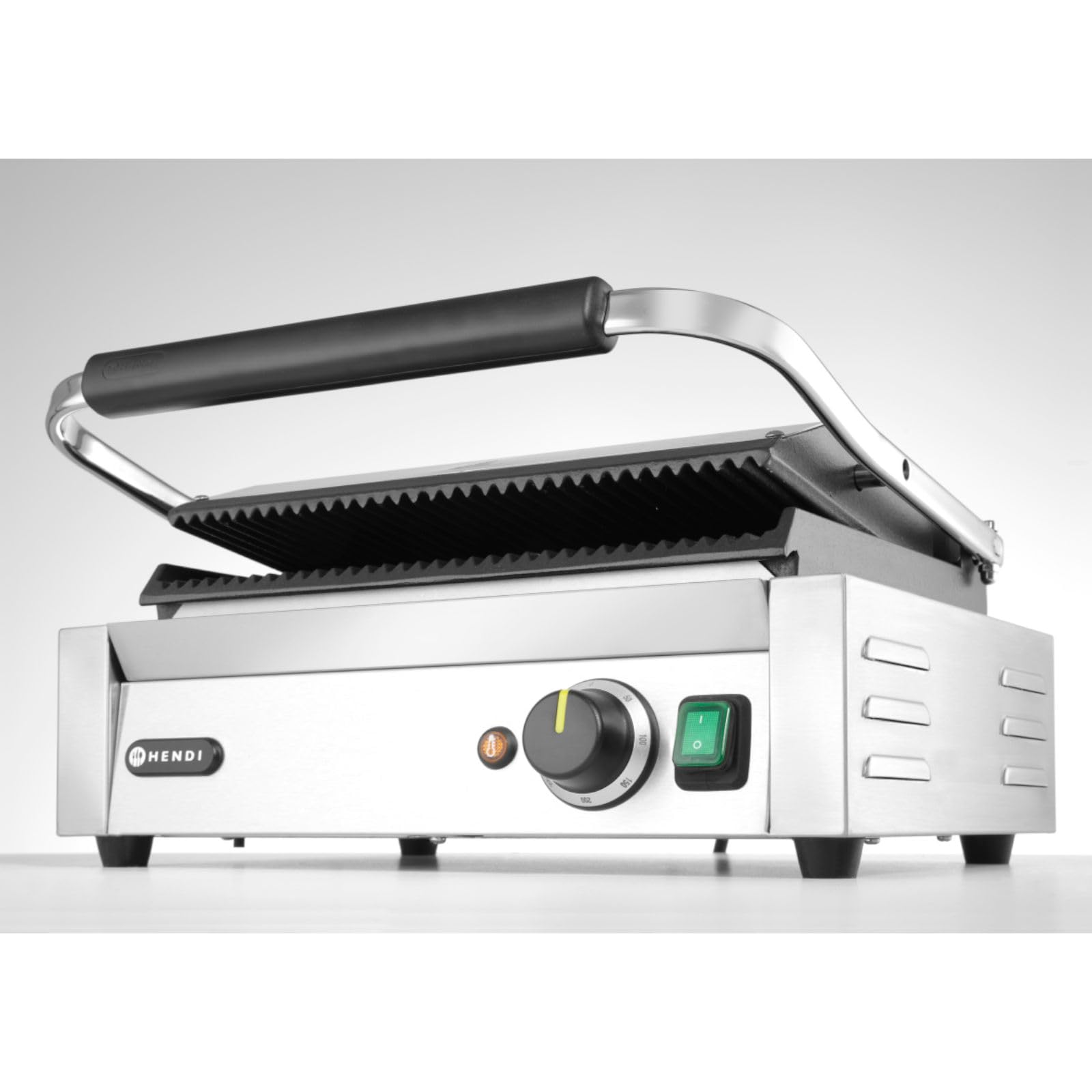 HENDI Kontaktgrill, Panini, gerillte Ausführung, inkl. Grillreinigungsbürste, Temperatur bis 300°C regelbar, Grillfläche 340x235mm, Elektrogrill, 230V/2200W, 430x375x(H)216mm, Edelstahl