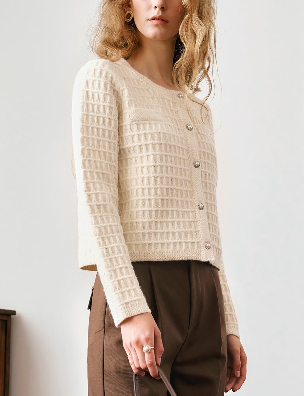 Women's Cropped Cardigan Sweater, Crew Neck Pearl Button-Down 2025 Fall Long Sleeve Trendy Sweater Top - Image 3