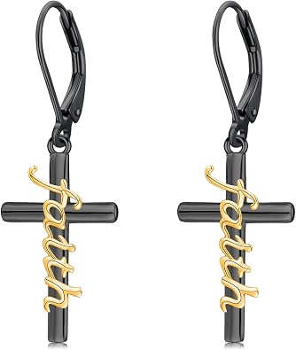 Midir&Etain Cross Earrings 925 Sterling Silver Gold Black Christian Faith Dangle Earrings Christian Religious Jewelry Christmas Gift for Women
