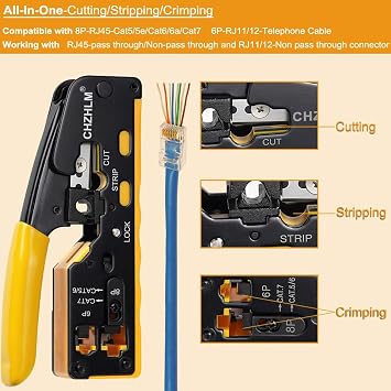 Rj45 Crimp Tool Pass Through Ethernet Crimping Kit for 8P-Cat7 Cat6 Cat5 6P Telephone Connector Network Crimping With Cable Tester Covers Connectors Mini Yellow Stripper