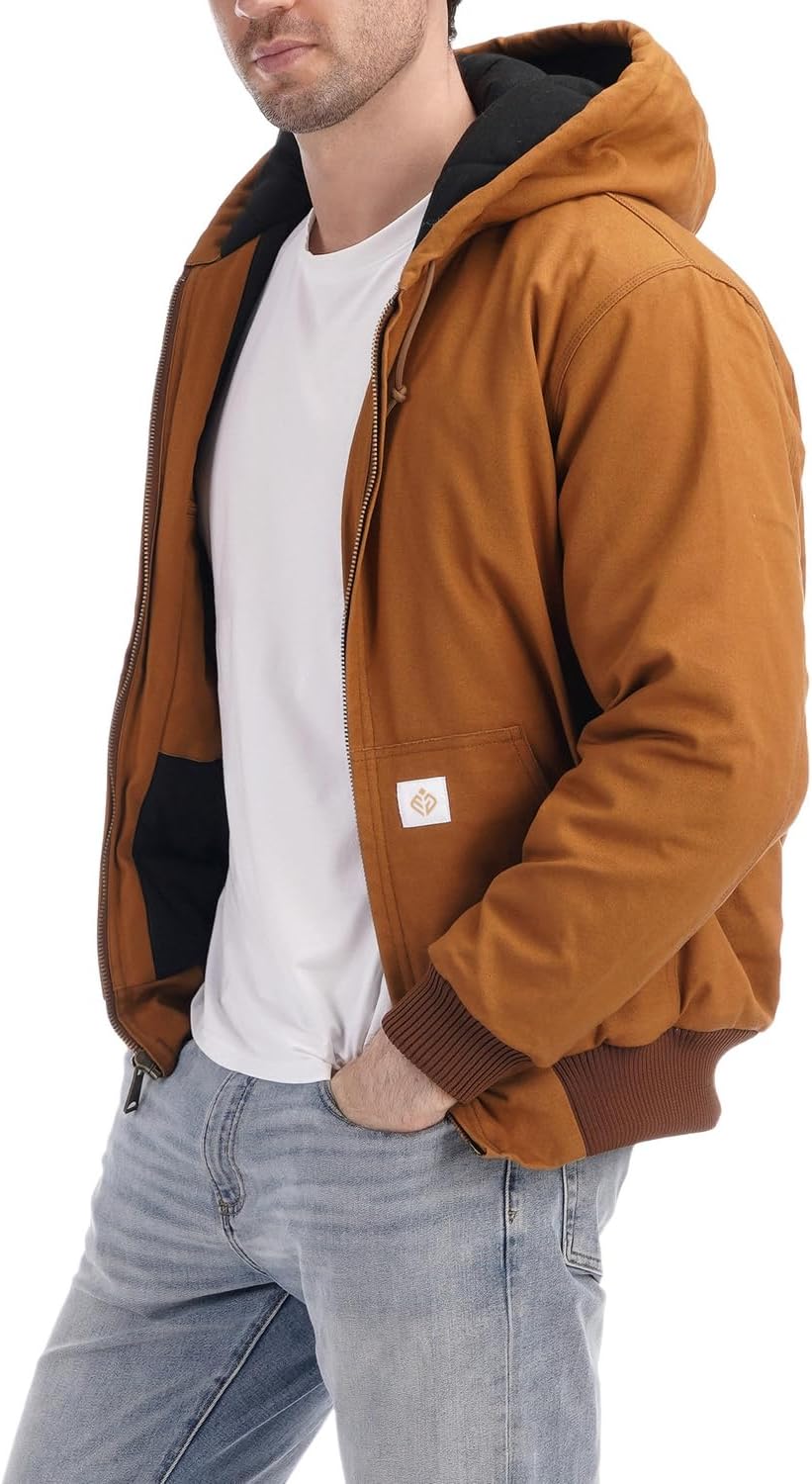 Men's Loose Fit Quilted Flannel Lined Workwear Waterproof Active Jacket Hooded Work Coat - Image 3