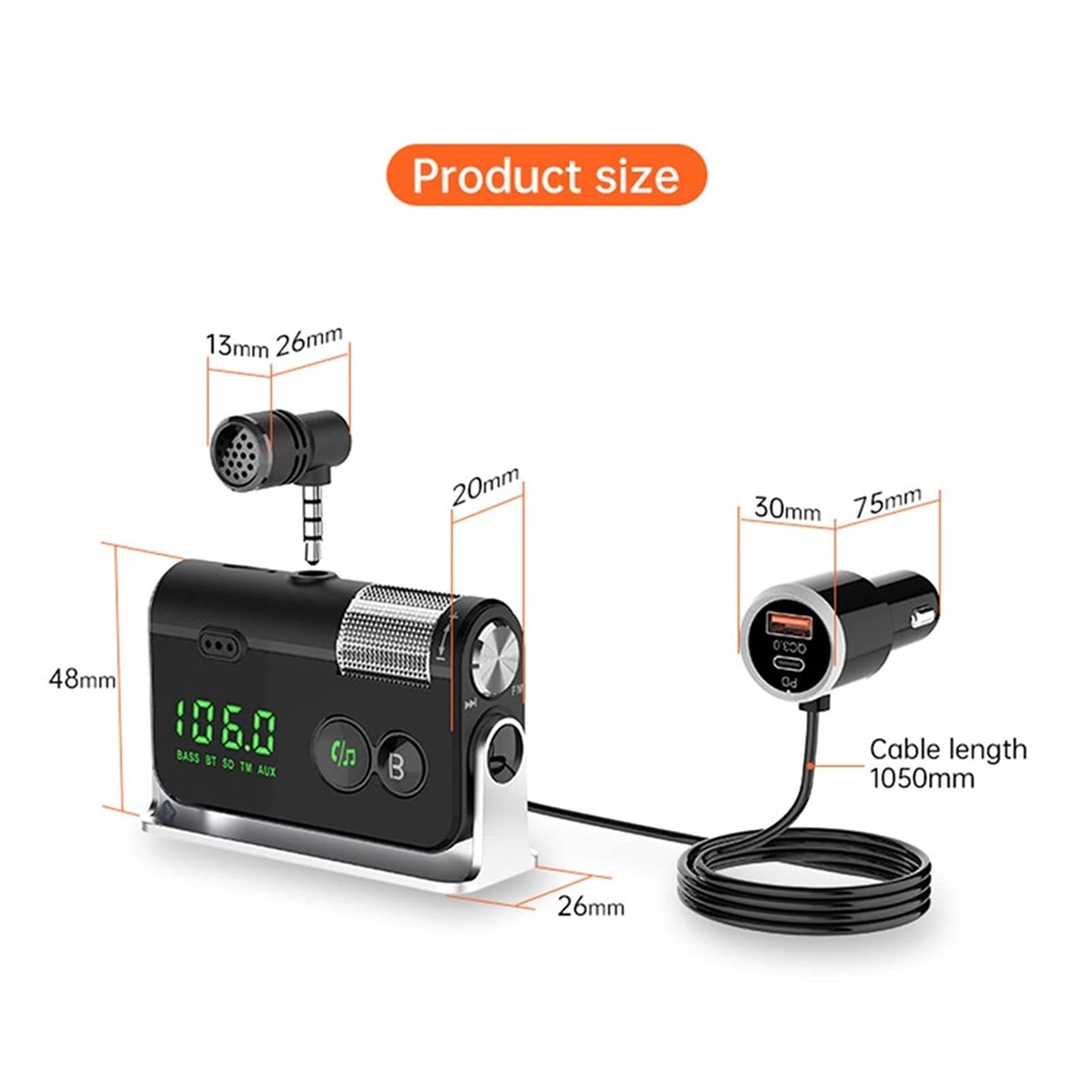 Adattatore Audio Bluetooth. FM. Trasmettitore Bluetooth 5.0 Kit Kit Vivavoce AUX. Ricevitore Audio MP3. Giocatore QC3.0 + PD 18W USB Caricabatterie con Microfono Rimovibile