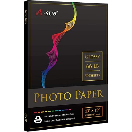 A-SUB Premium Photo Paper High Glossy 13x19 Inch 66lb for Inkjet Printers 50 Sheets, Single Sided