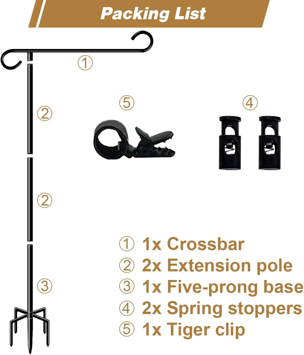 51 Inch Tall Garden Flag Stand Holder with 5 Prong base, Yard Flag Pole Holder for 12x18 Outdoor Small Flag Decor with Two Spring Stoppers and a Tiger clip, 2 Pack