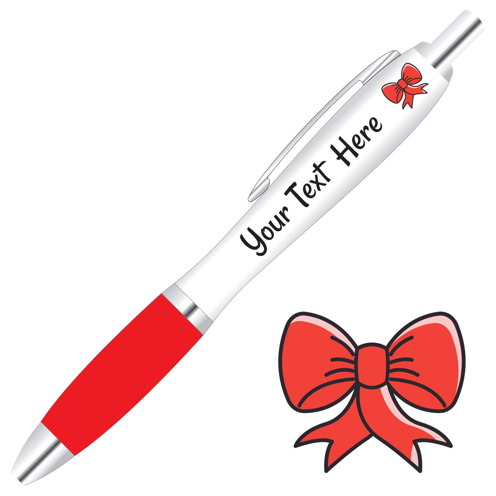 Full Colour Printed Personalised Christmas Pens *Qty - 80* - RED Pen Grips *Bow Design*