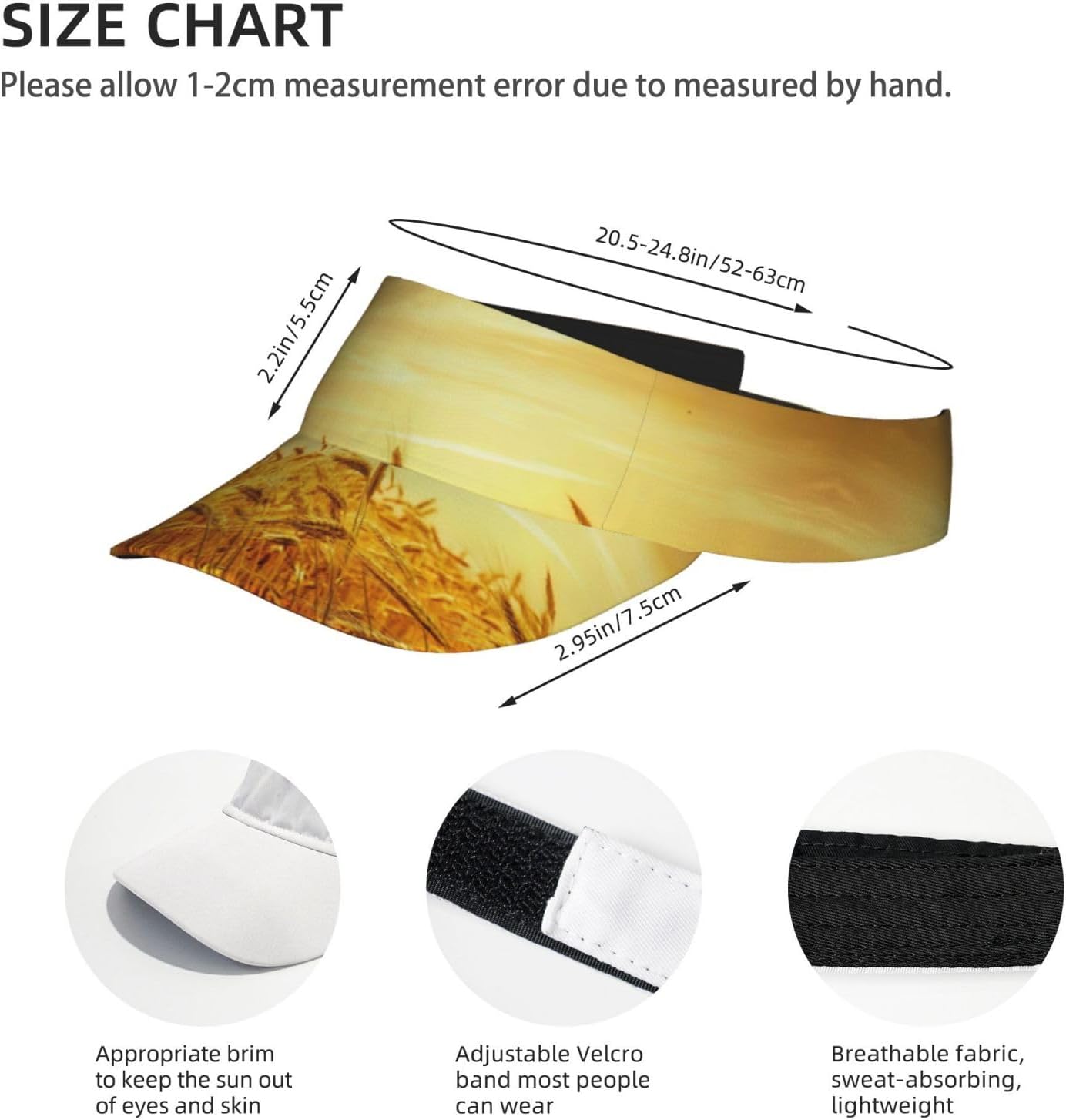 Wheat Field Print Sports Sun Visor Hats,Adjustable Sun Caps for Men Women Adults Lightweight Black