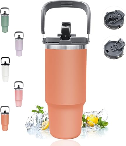 INDARUN Vaso con asa y pajita, vaso de café de acero inoxidable de doble pared aislado al vacío, a prueba de fugas, para café, hielo durante 24