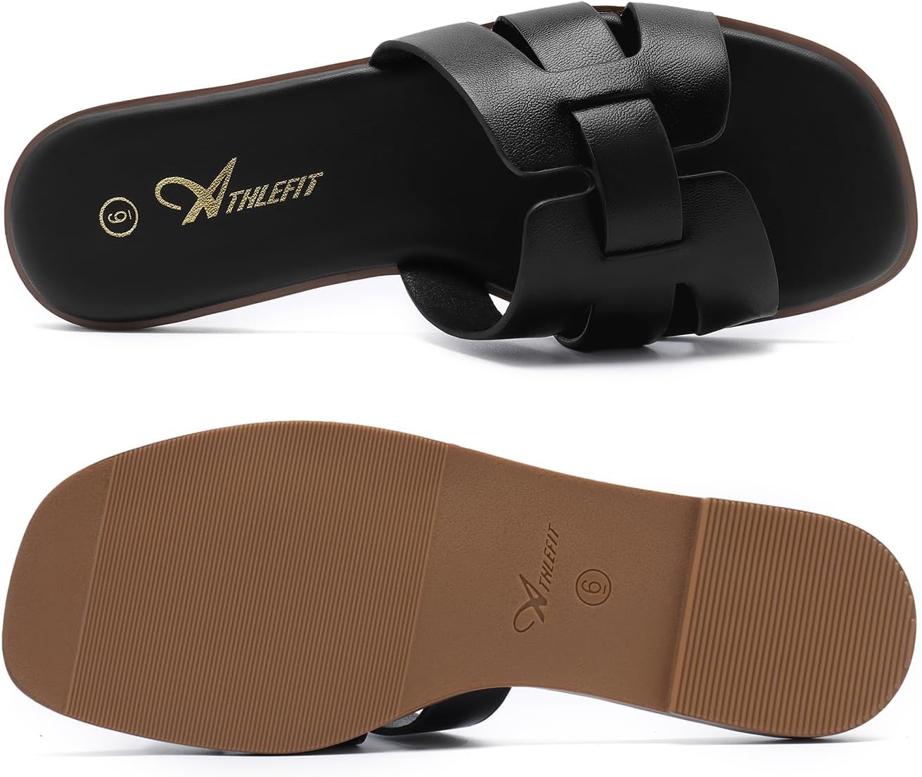 Athlefit Women's Flat Sandals Dressy Summer Square Open Toe Slip On Leather Slide Sandals - Image 4