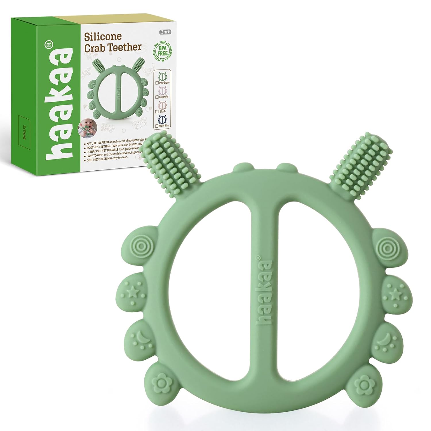 Haakaa Silicone Crab Baby Teether,Teething Toys,360° Baby Toothbrush Head for Infant Self-Brushing Training,Food-Grade Silicone,Pea Green