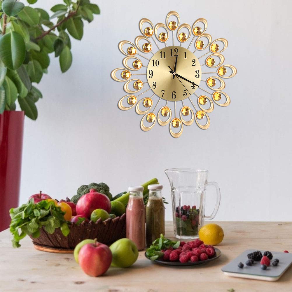 Jenngaoo Orologio da Parete, Orologio da Parete in Stile Europeo con Diamanti in Cristallo, Ferro, Arte, a Batteria, Muto, Decorazione Artistica per La Casa, Soggiorno, Camera da Letto, Ufficio(Oro)