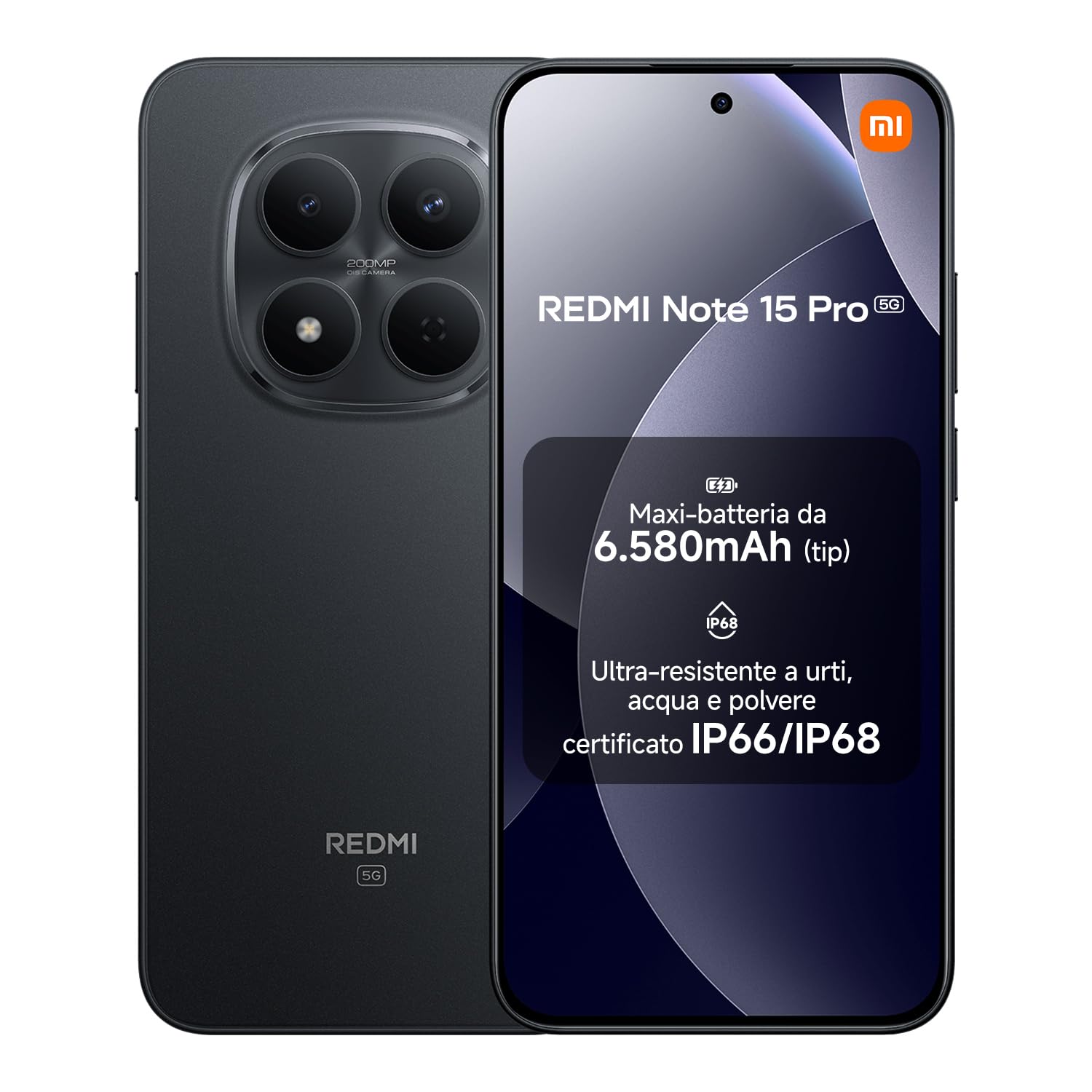 XIAOMI Redmi Note 15 Pro 5G, Smartphone 8+512GB, Batteria massiccia da 6580 mAh, IP66/IP68, Nuova fotocamera 200 MP, Display AMOLED da 6,83", Nero, Garanzia 2 anni, Caricatore non incluso