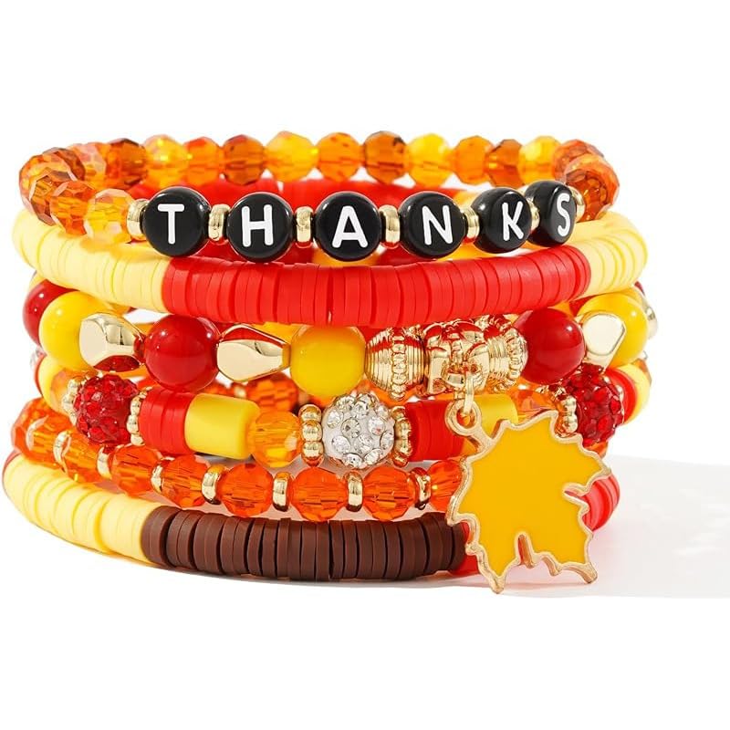 Thanksgiving Heishi Beaded Stretch Bracelets for Women Fall Costume Grateful Pumpkin Maple Leaves Stackable Polymer Clay Beads Bracelets Christmas Halloween Jewelry Gift