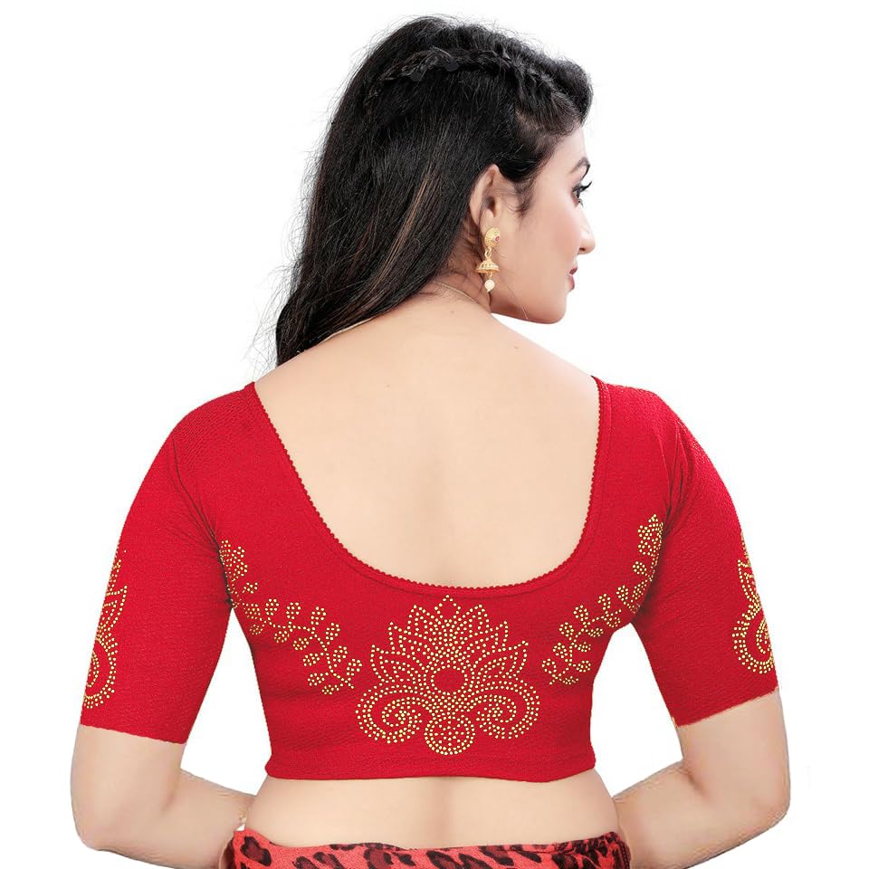 arya creation Stylish Stone Stone Work Stretchable Blouse Latest Trendy Designer Readymade Women's Saree Blouse Round Neck Half Sleeves-picture-42