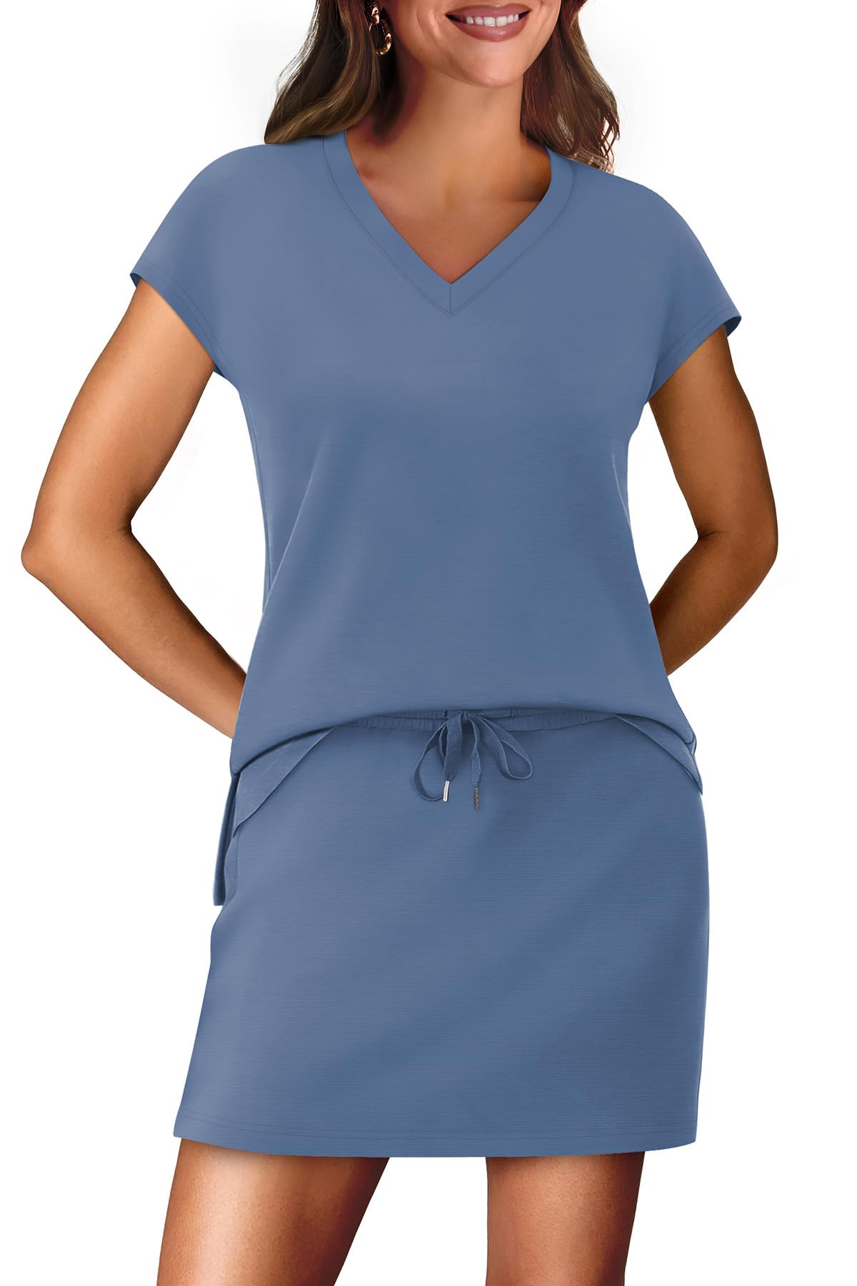 WIHOLL Two Piece Skirt Sets for Women Summer Vacation Outfits Travel Tennis Skirt Cap Sleeve Lounge Sets Side