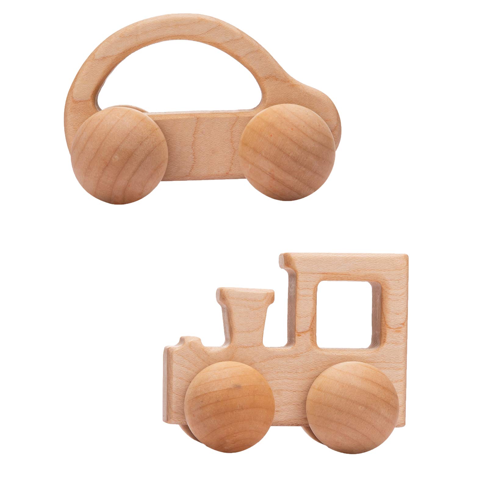 Promise Babe Wooden Rattle Push Car Toys Set - Infant Wooden Rattles, Hand Push Cars, Montessori Natural Wood Toys for Newborn