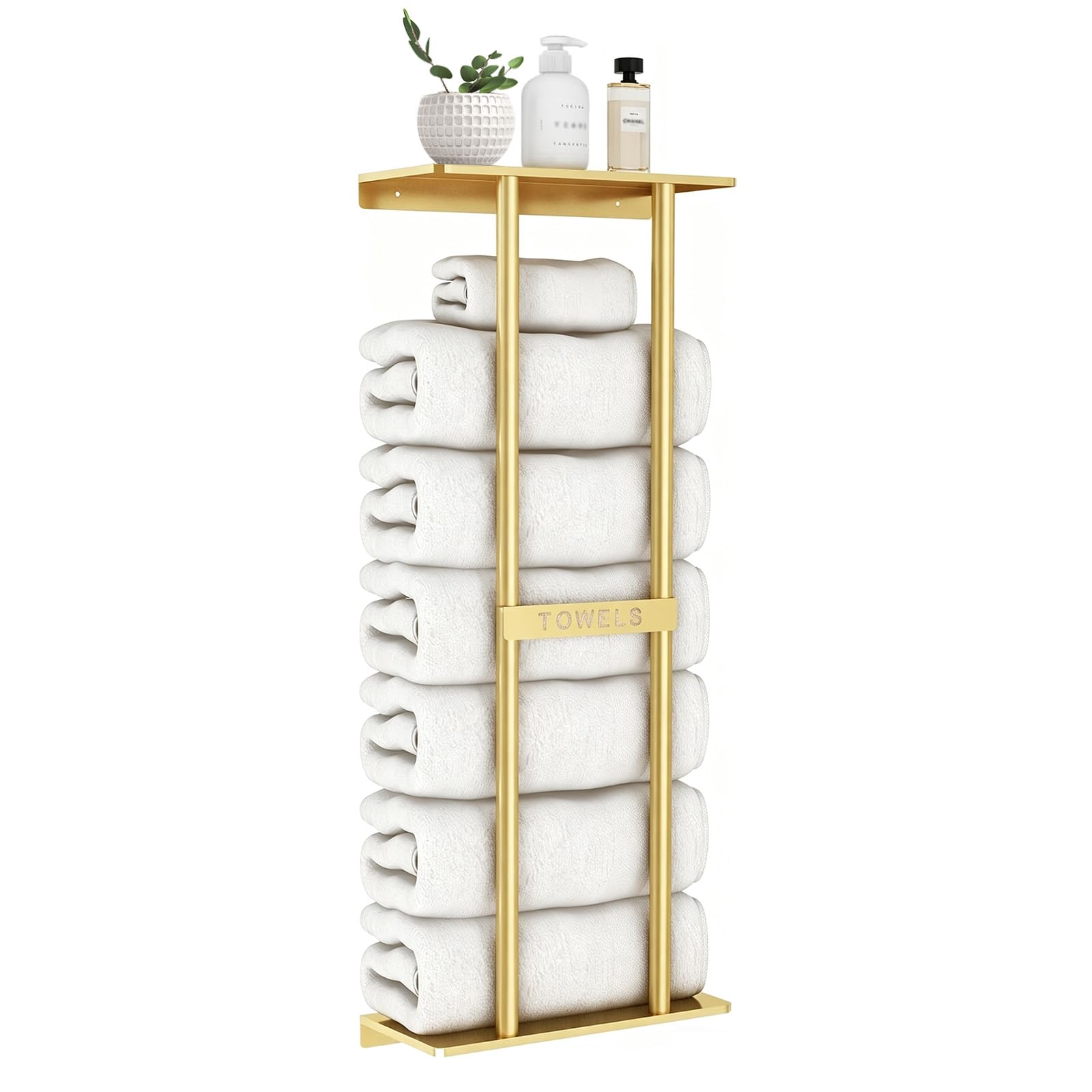 Towel Rack, Shower Organizer with Shelves, 79cm Wall Mounted Bathroom Towel Holder, Space Saving Bathroom Towels Storage Rack for Rolled Towels (Gold)