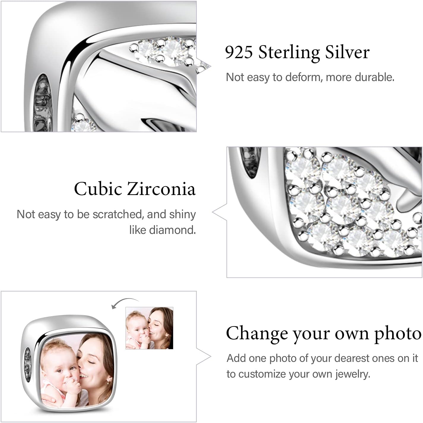 GNOCE Custom Charm Bead Sterling Silver Mom-Love Bond Personalized Photo Charm with Holding Hands fit Bracelet Necklace Gift for Women
