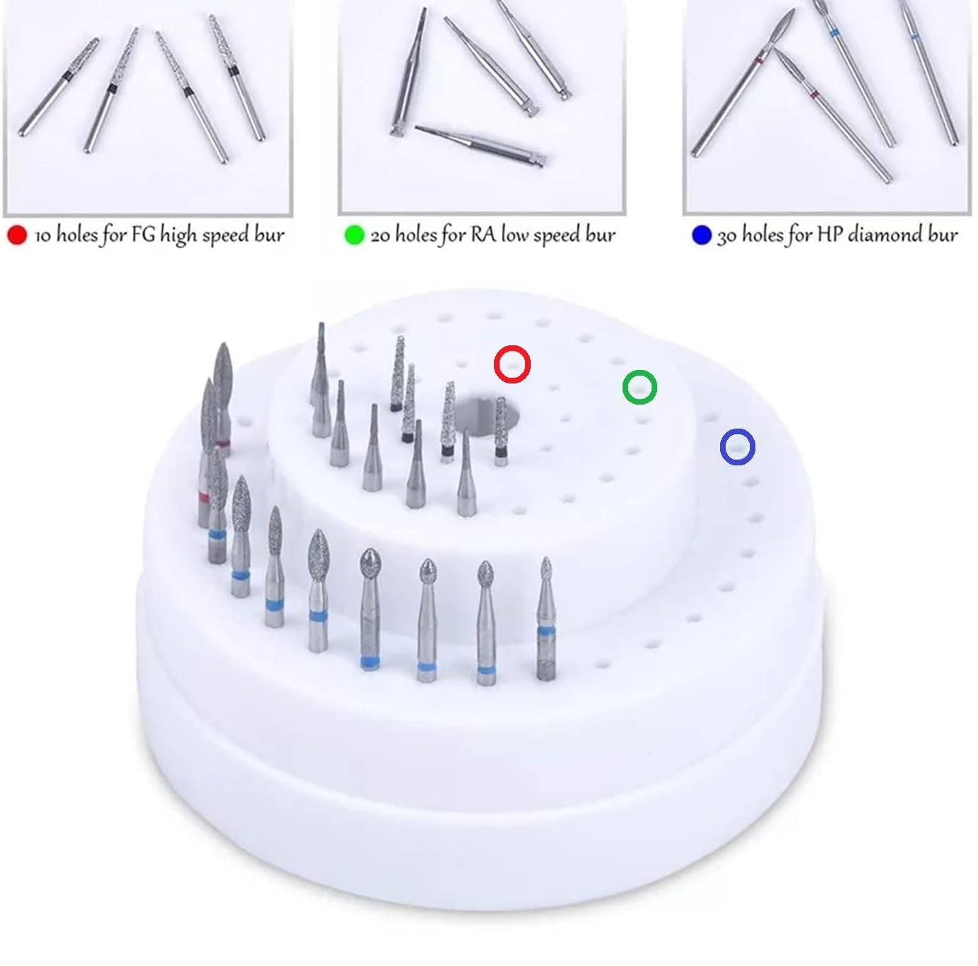 AmeriCan Goods Dental Round 2-Tier Bur Block with Lid 60 Capacity Dental/Nail Bur Block Organizer Dispenser Tall Lid (White)