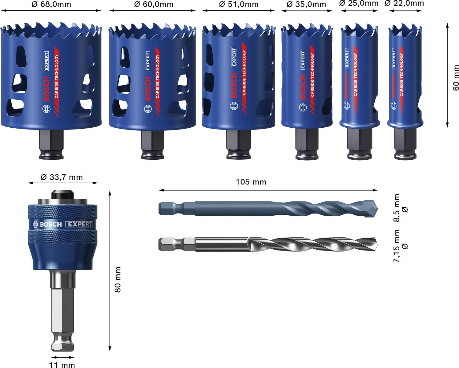 Bosch 9x Zestaw uniwersalnych otwornic EXPERT Multi Material PC Plus (do Drewno z metalem, Cegła, Ø 22, 25, 35, 51, 60, 68 mm, Professional Akcesoria Wiertarki)