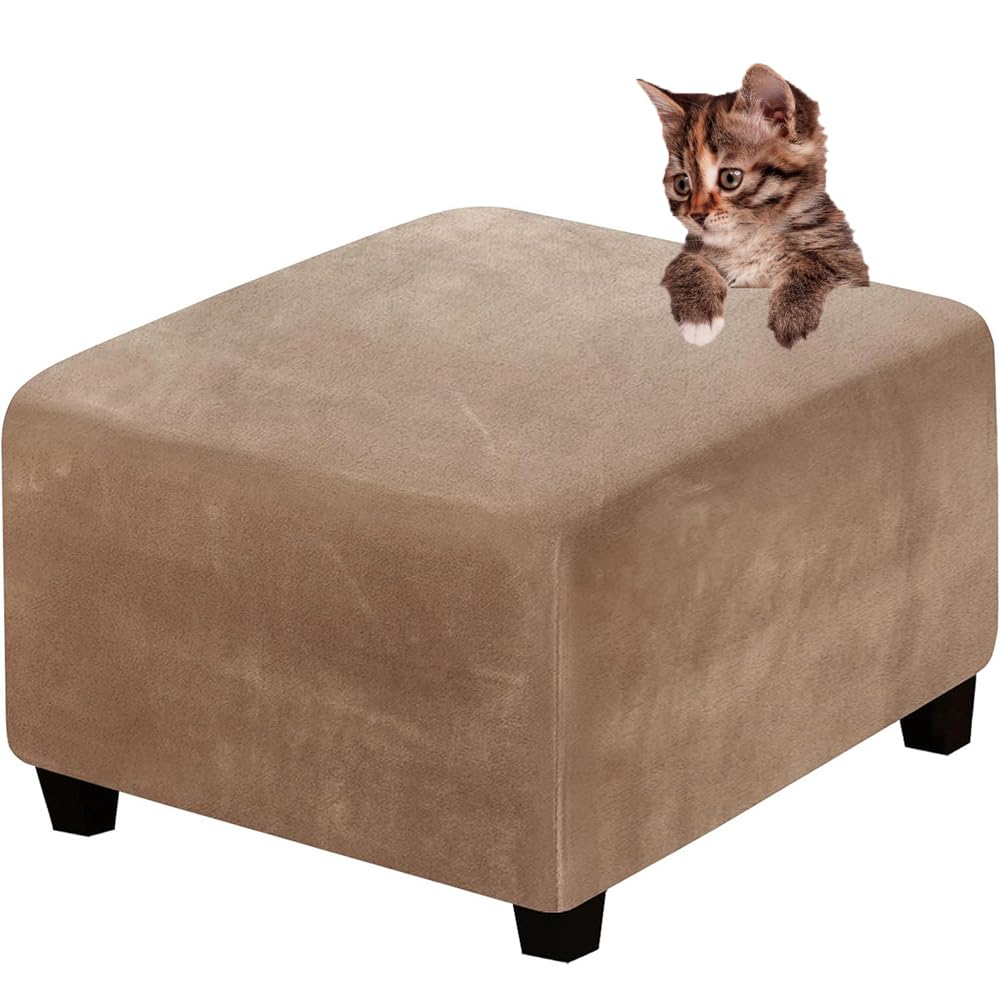 DMBAOD Velvet Plush Stretch Footstool Cover High Stretch Velvet Footstool Protector Cover Camel XX-LARGE