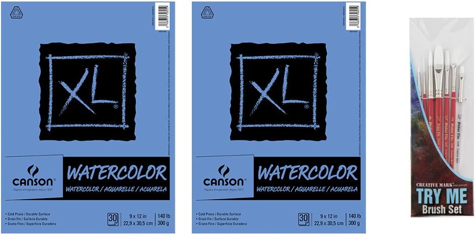 2 Pack XL Series Watercolor Paper Pad 9" x 12" Bundle with Try Me Watercolor Paintbrush Set- Cold Press 140lb 300gsm Includes (2) 30 Sheet Packs & 7pc Watercolour Brushes
